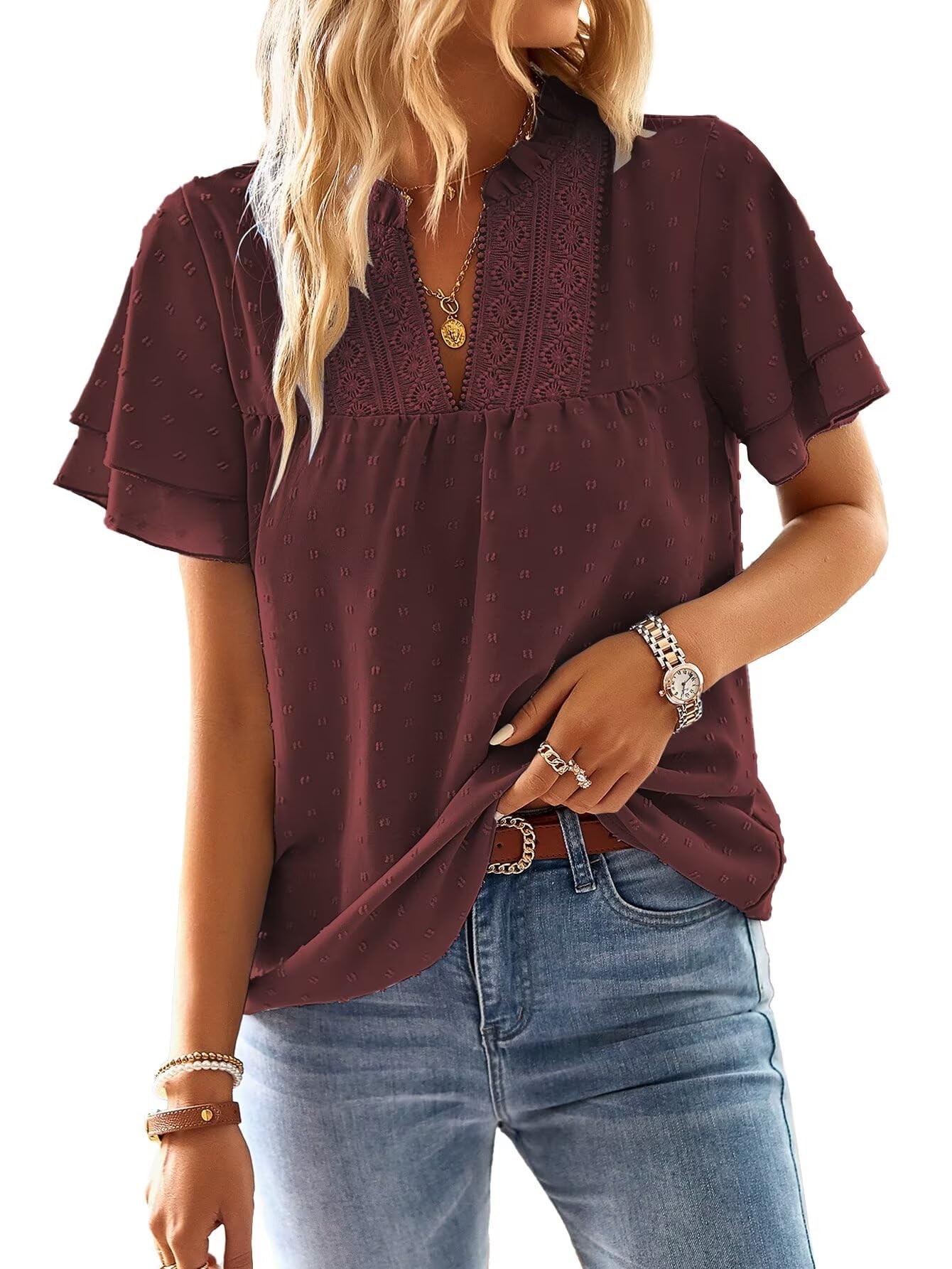 TUUHAW Top Damen Sommer Boho Bluse Kurzarm Oberteile Fließend Elegant V-Ausschnitt T Shirt Lässig Outfits Spitze Kleidung