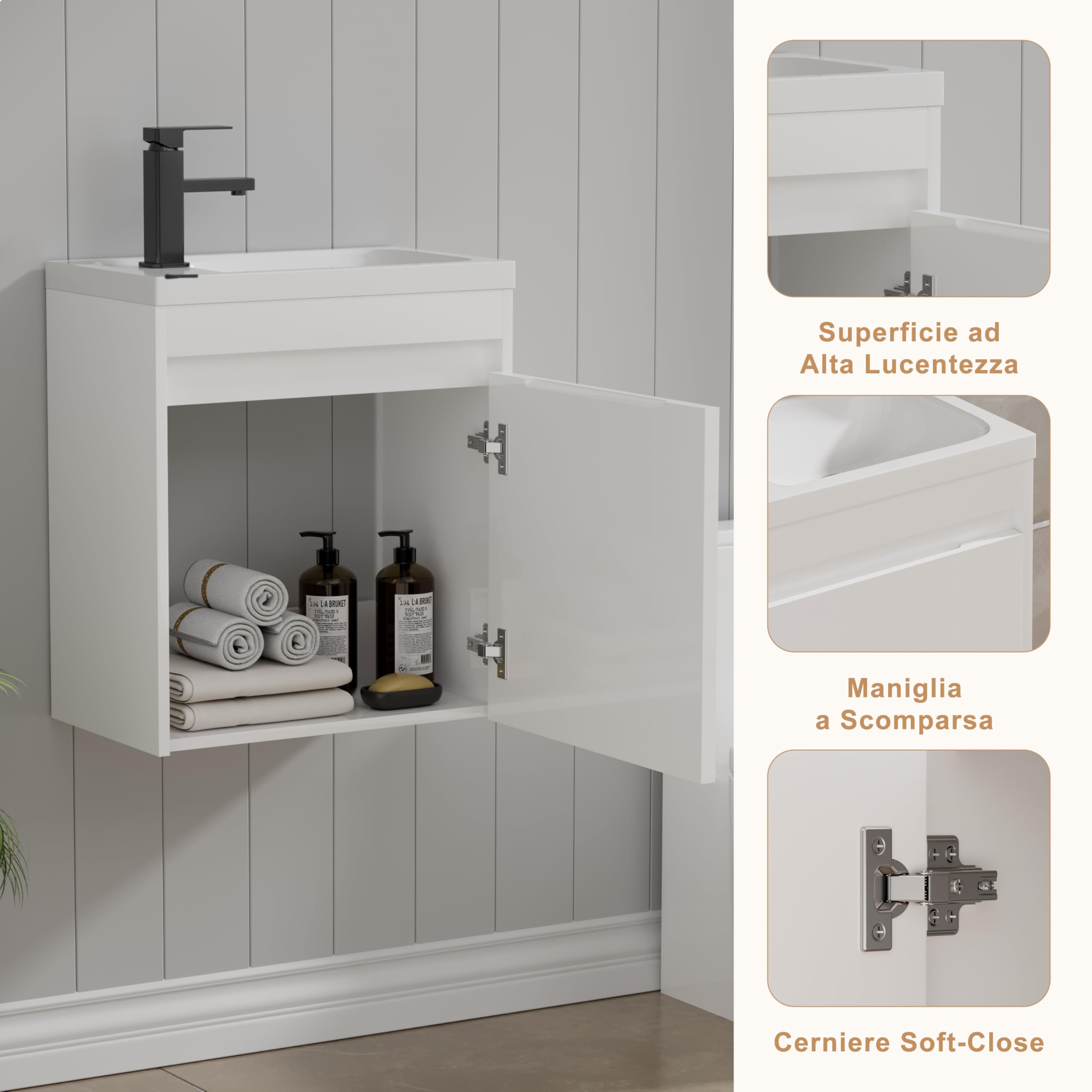 UEV Mobile da Bagno Sospeso 50 cm con Lavabo in Resina, 3-in-1 Set Arredo Bagno con Rubinetto Efficiente, Scarico POP-UP, Mobiletto con Ampio Spazio di Archiviazione