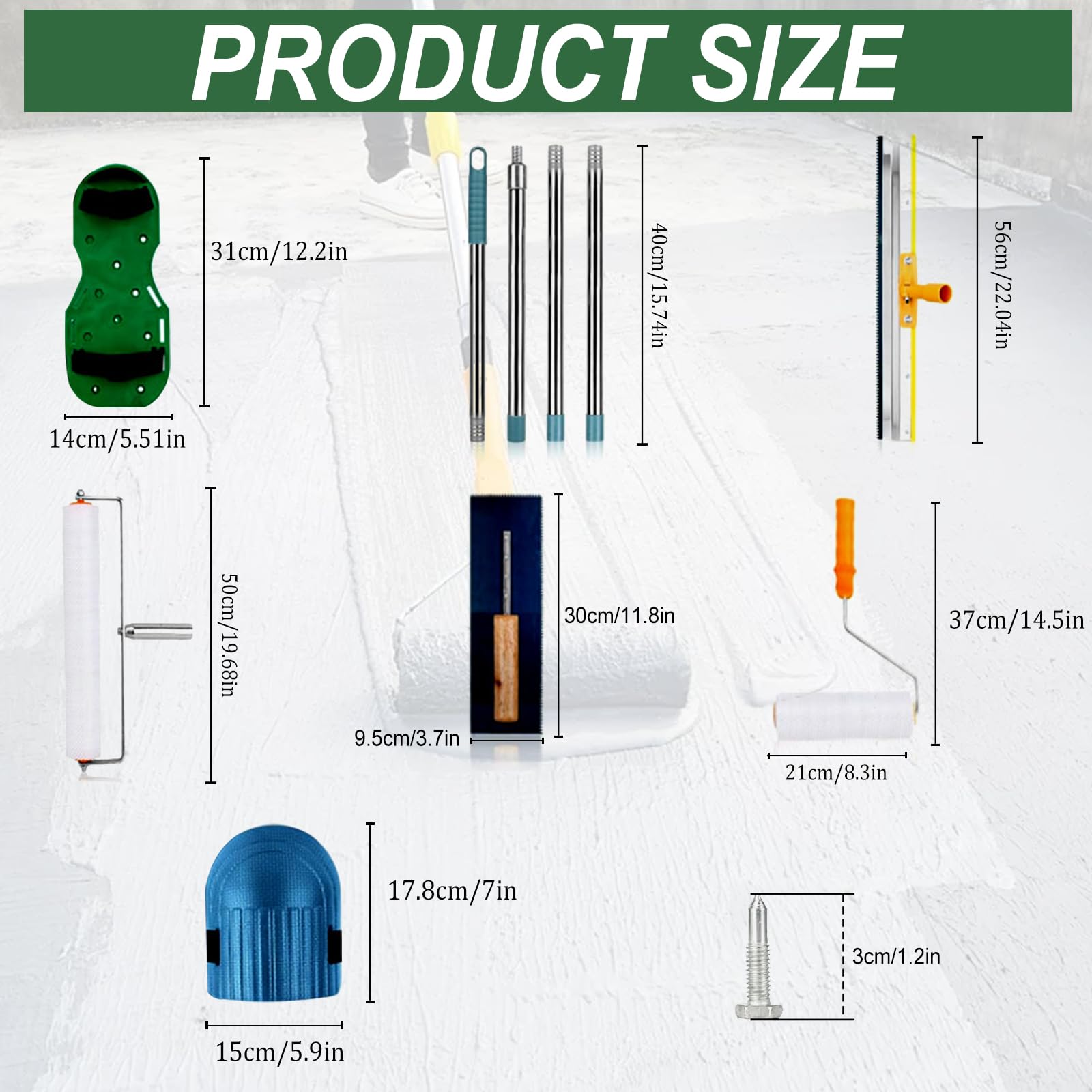 Ausgleichsmasse Boden Werkzeug Set,Epoxidharz Bodenbeschichtung Werkzeug Set,mit Stachelwalze 50cm,Farbroller,Edelstahl Spachtel 56cm,Nagelschuhe, Abnehmbarem 1,6 m Verlängerungsgriff
