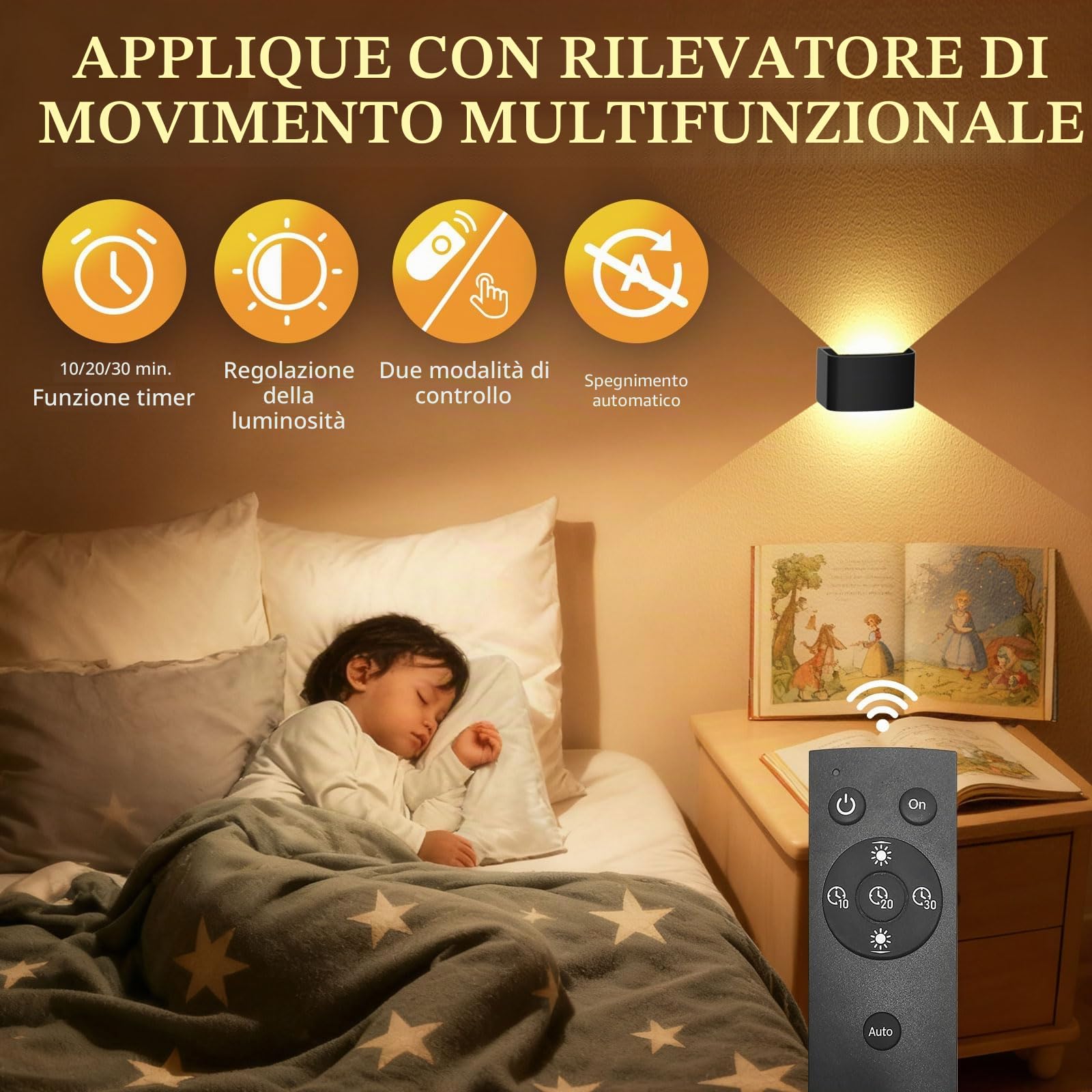 T-SUN Lampada da Parete con Sensore di Movimento Ricaricabile, Nero Applique da Parete Wireless con Telecomando, 3000K Bianco Caldo Luce da Parete per Interni/Esterni - 2 Pezzi