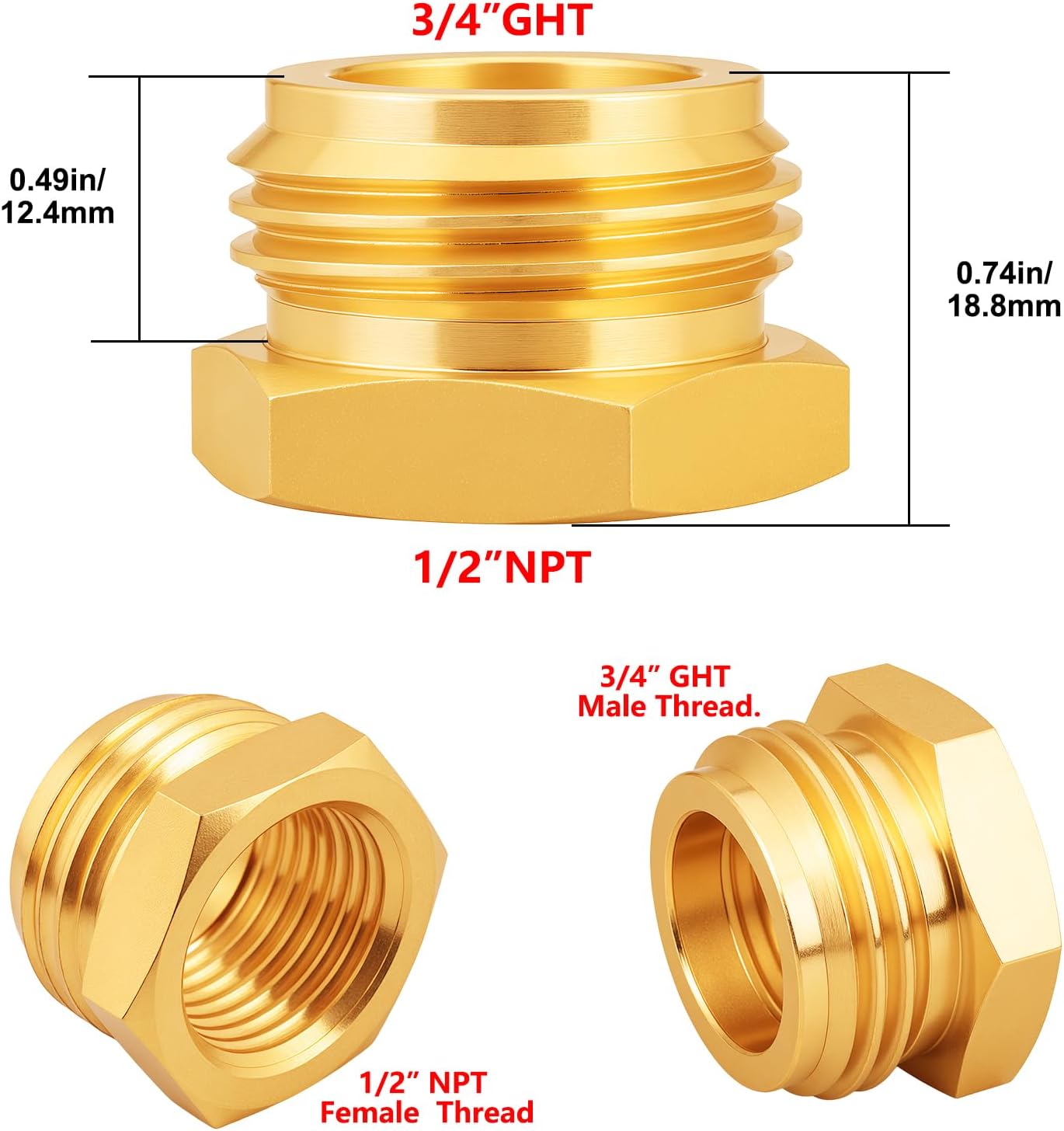 Brass Pipe to Garden Hose Adapter Connect 3/4" GHT male x 1/2" NPT Female Connector GHT to NPT Adapter Brass Fitting(10PCS)