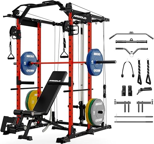 Mikolo Jaula de Potencia, Rack de Potencia con Sistema de Cruce de Cables, 1500LBS Rack para Sentadillas con Sistema de Jalón LAT, Jaula de