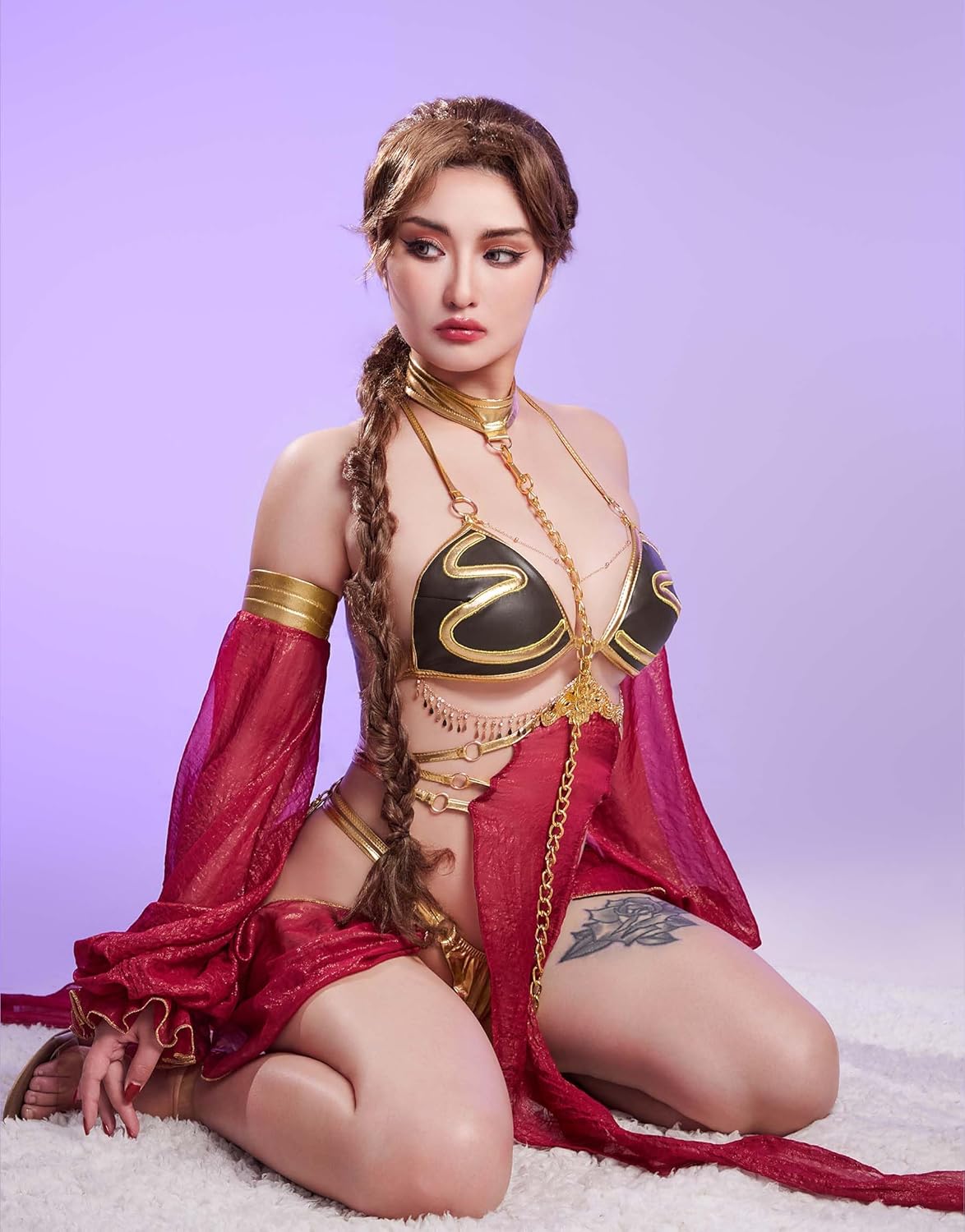 Mobbunny Women Princess Derivative Cosplay Costume Movie Sexy Lingerie Top Thong with Sleeves Choker Chest Chain