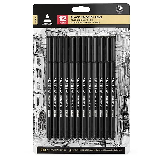 ARTEZA Black Inkonic Fineliners Pens, Set of 12, 0.4 mm Fine Tip Markers, Water-Based Art Pens for Drawing, Sketching, Journaling, Calligraphy