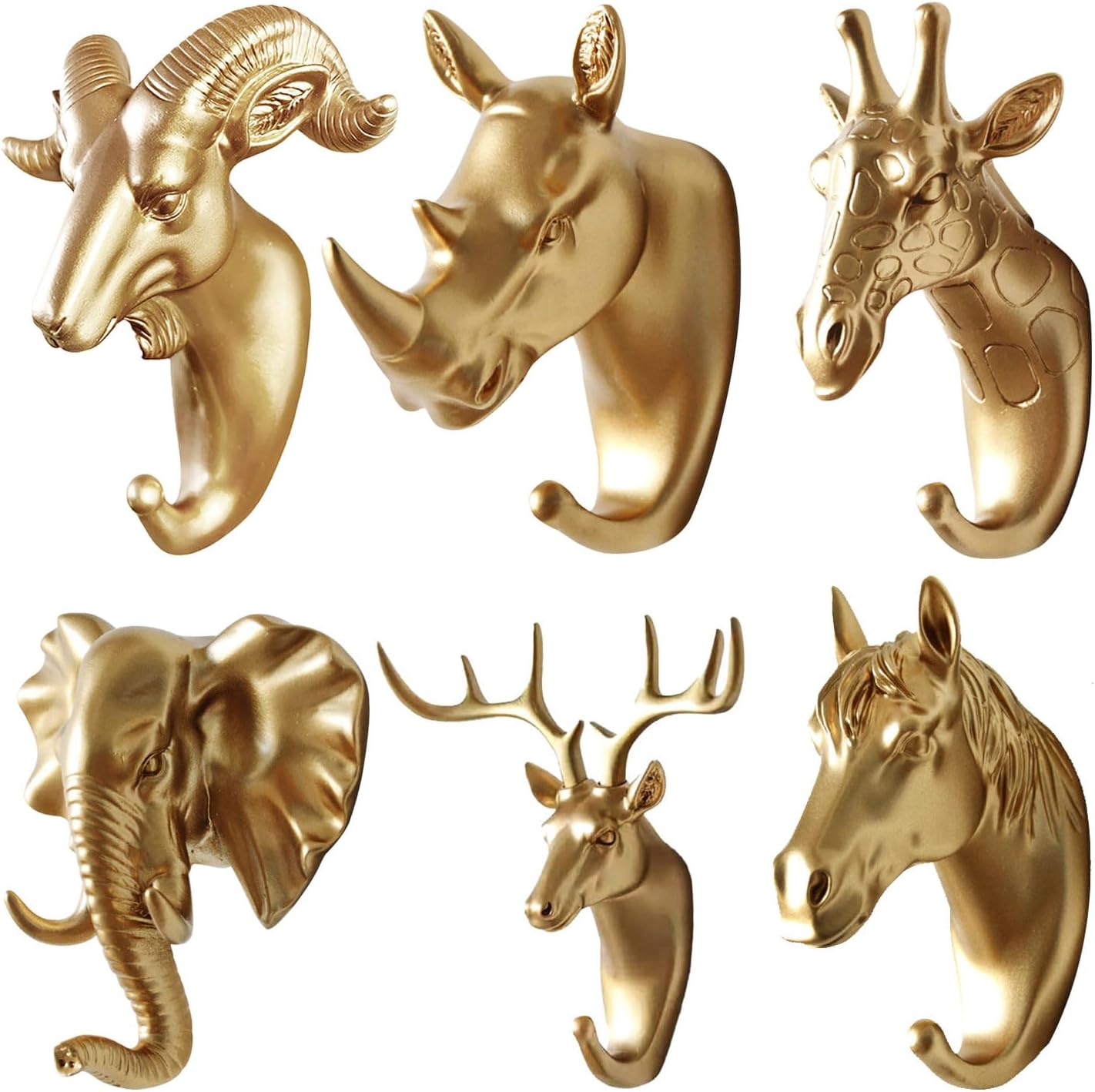 6 Pcs Animal Head Hooks / Single Hooks / Coat Racks Animal Shape Coat Hooks,Home Living Room Bedroom Crafts Decorative Gifts Hanging Clothes Towels Jewelry Keys Coat Racks (Gold Animal Head Hook)