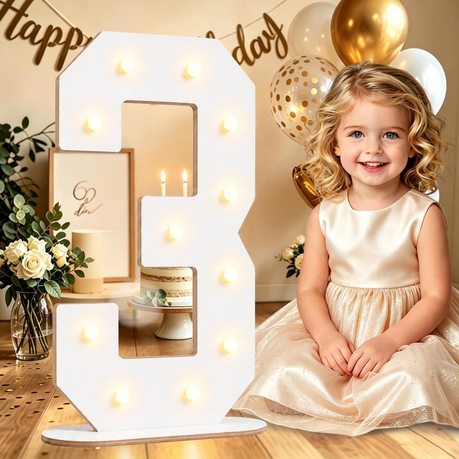 44CM White Wooden Light Up Numbers 3, 3rd Birthday Decor for Boys Girls