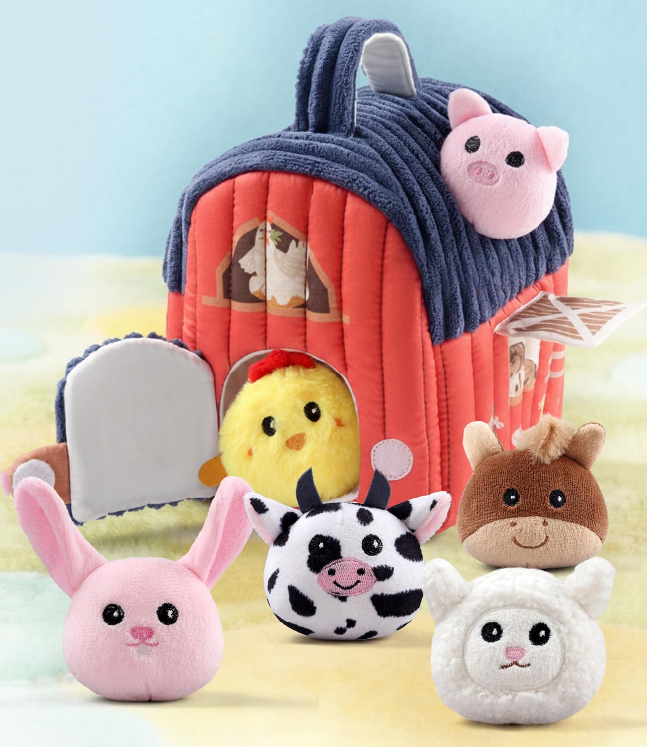 Bonfino Premium Barn House Playset with Carry Handle for Kids, 7 Plush Animal Figurines, Educational Montessori Learning Toy for Toddlers, Soft Pretend Play Set, Birthday Gift for Boys & Girls-picture-40