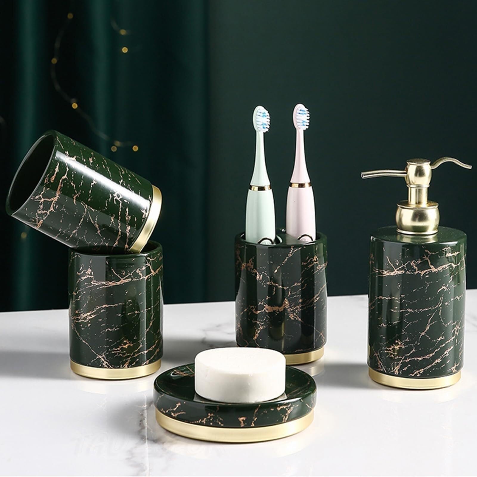 Set di accessori per il bagno Set di 5 dispenser sapone in ceramica, 3 bicchieri for spazzolini, portaoggetti, stile Coastal Deco Arredamento per gli affittuari(Green)