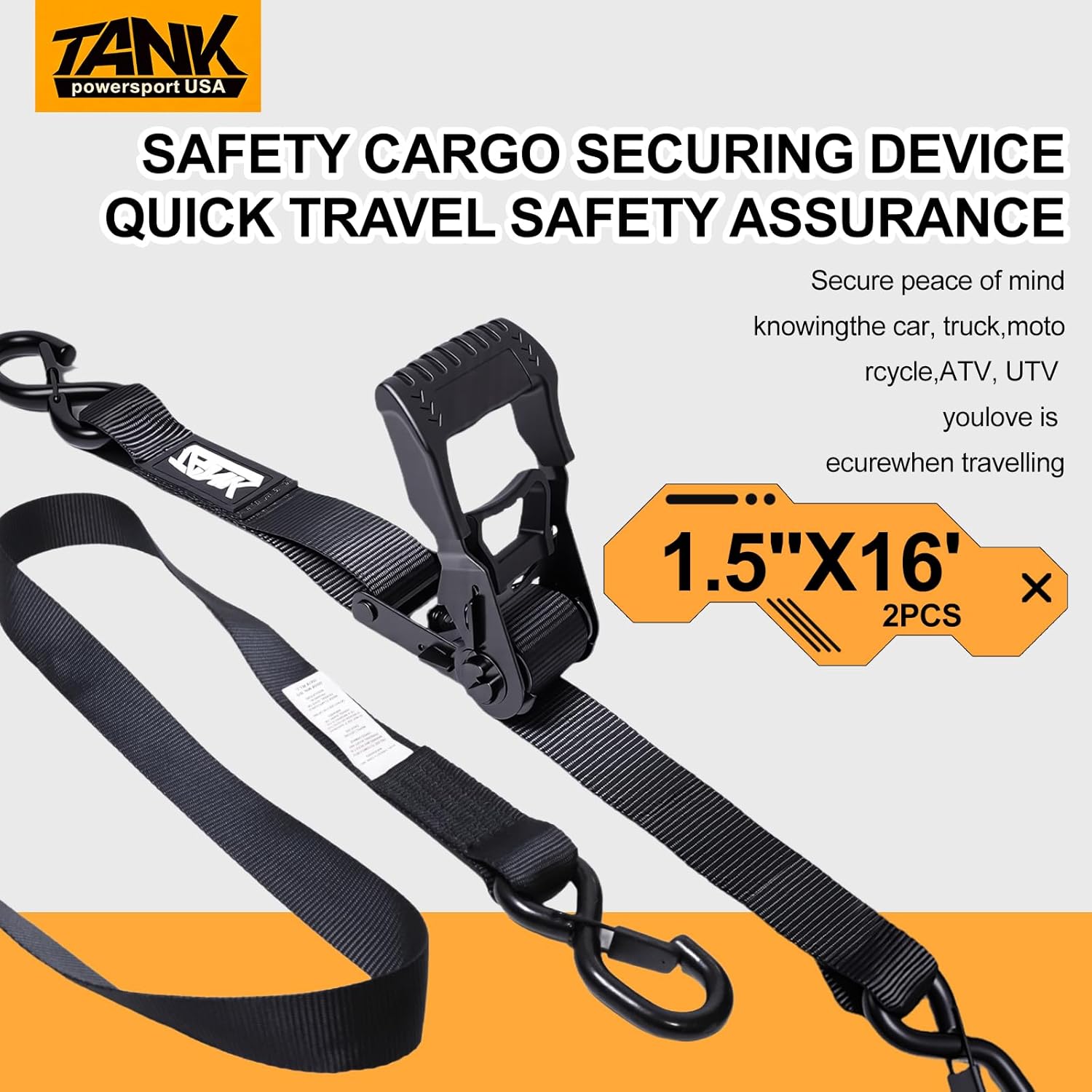 5208LB Ratchet Straps Heavy Duty(2 Pack), 1.5″ × 16FT Tie Down Straps Ratchet with Safety S Hooks, Strap for Trucks, Trailer, ATV, Moving(Non-Retractable) -Black - Image 8