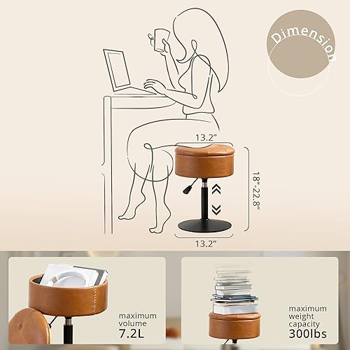 Miniatura 25 de LUE BONA Taburete giratorio de 360° para sala de maquillaje, taburete de altura ajustable para tocador con almacenamiento, pequeño cuero sintético