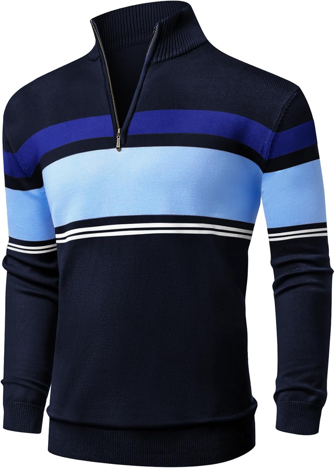 NITAGUT Mens Sweaters 1/4 Zip Up Striped Pullover Slim Fit Fall Winter Spring Long Sleeve Polo Sweaters