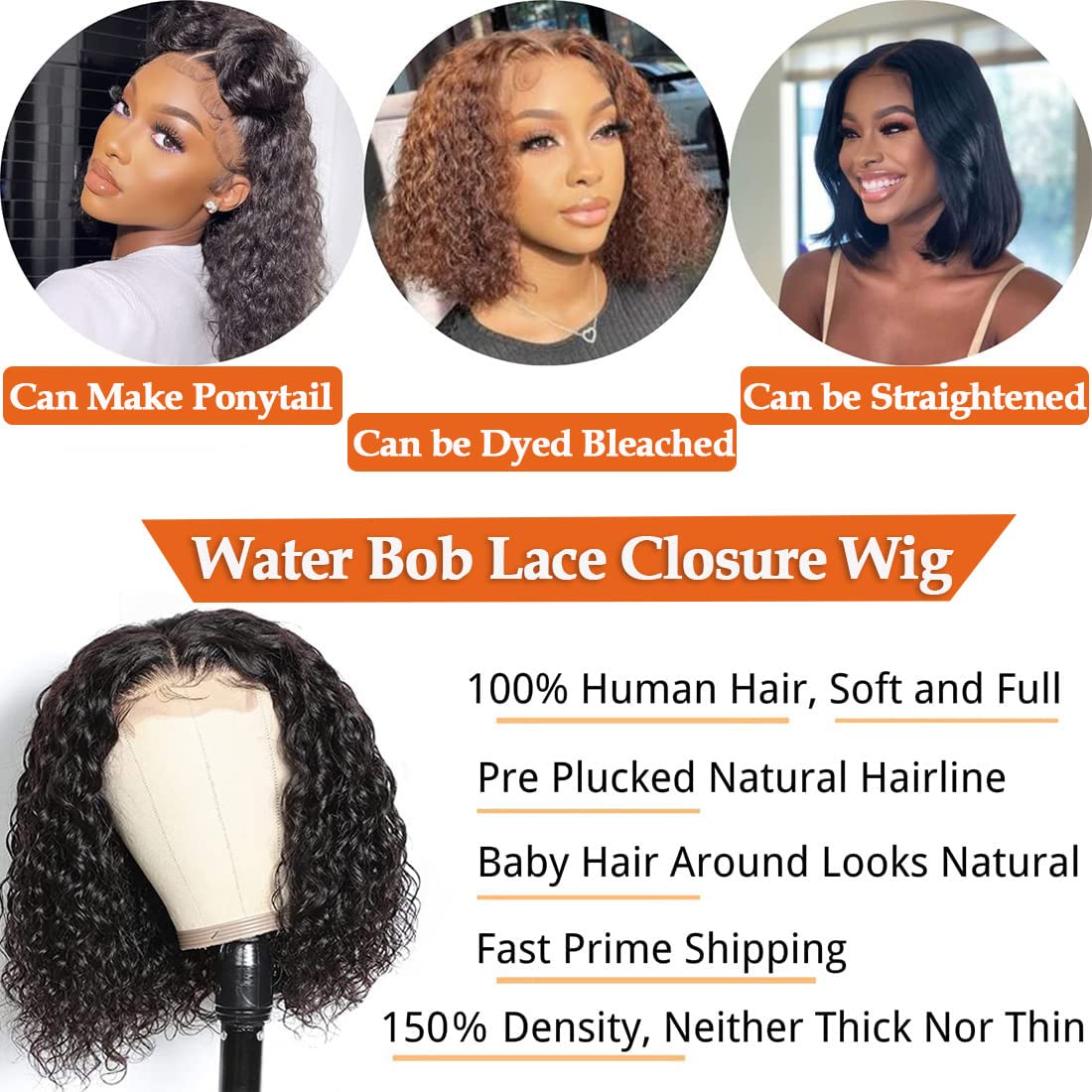 Bob Wig Human Hair 4x4 Water Wave Closure Human Hair Wig 14Inch, Unprocessed Short Brazilian Curly Human Hair Bob Wig 4x4 Swiss Lace Wig Pre Plucked 150% Density Natural Black Color