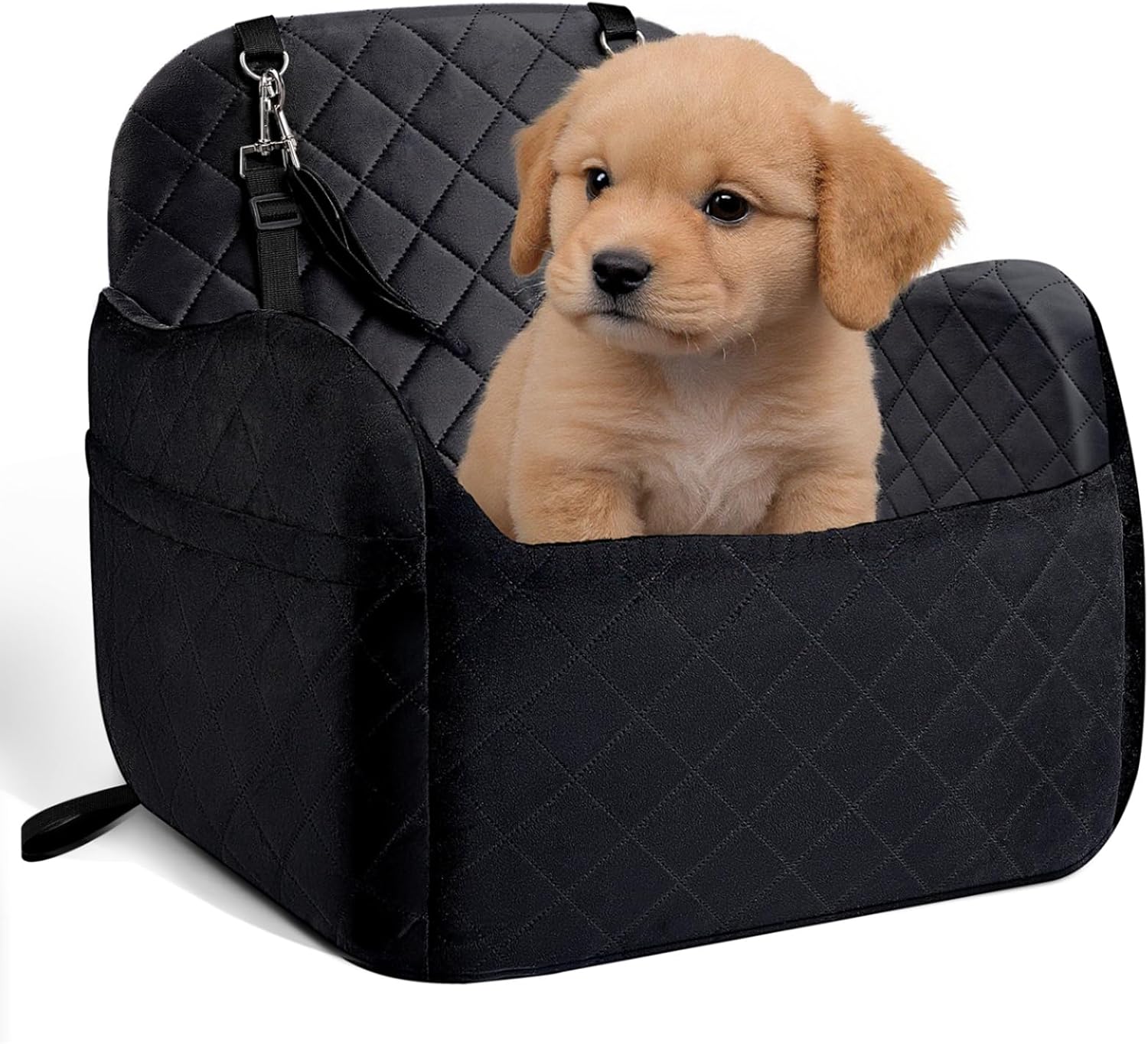 Dog Booster Car Seat for Small/Medium Size, Memory Foam Dog Car Seats, Detachable Booster Cushion, Two Side Pockets, Safety Straps, Washable Pet Car Seat (Black)