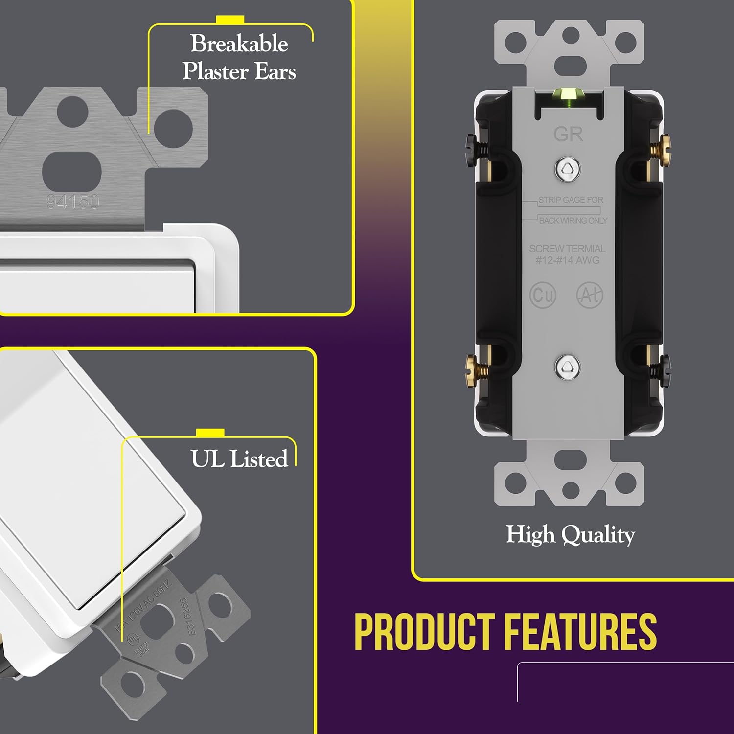 ENERLITES 4-Way Decorator Paddle Rocker Light Switch, Clamp Down Wiring, Grounding Screw, Residential Grade, 15A 120V/277V, UL Listed, 94150-W, White