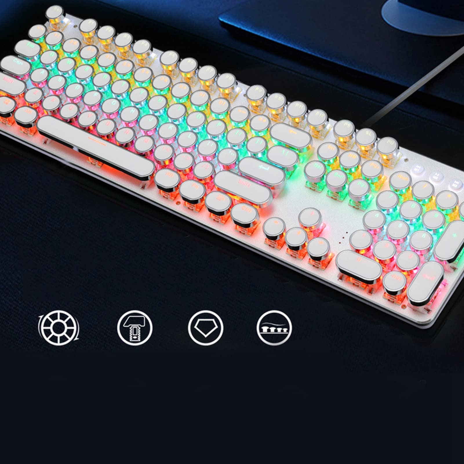 Tastiera Meccanica, Tastiera da Gioco Cablata USB a 104 Tasti, Copritasti Rotondi con Pannello in Metallo, Tastiera retrò in Stile Macchina da Scrivere con Retroilluminazione per Desktop, Laptop