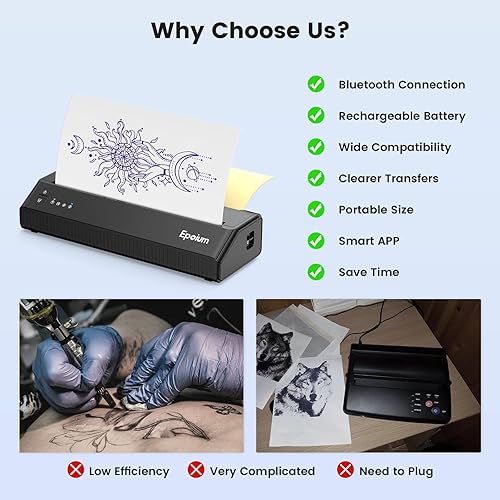 Miniatura 8 de Epoium Impresora de plantillas de tatuaje, máquina inalámbrica de plantillas de transferencia de tatuajes, impresora térmica Bluetooth de tatuaje