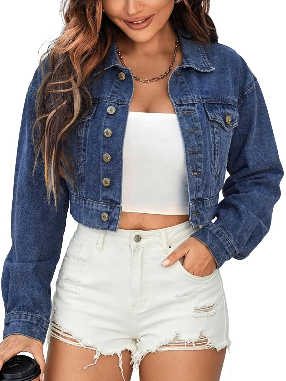Photo 1 of EMMIOL Cropped Denim Jacket for Women Vintage, Oversized Jean Jacket Distressed Dark Wash, Baggy Short Coat LARGE