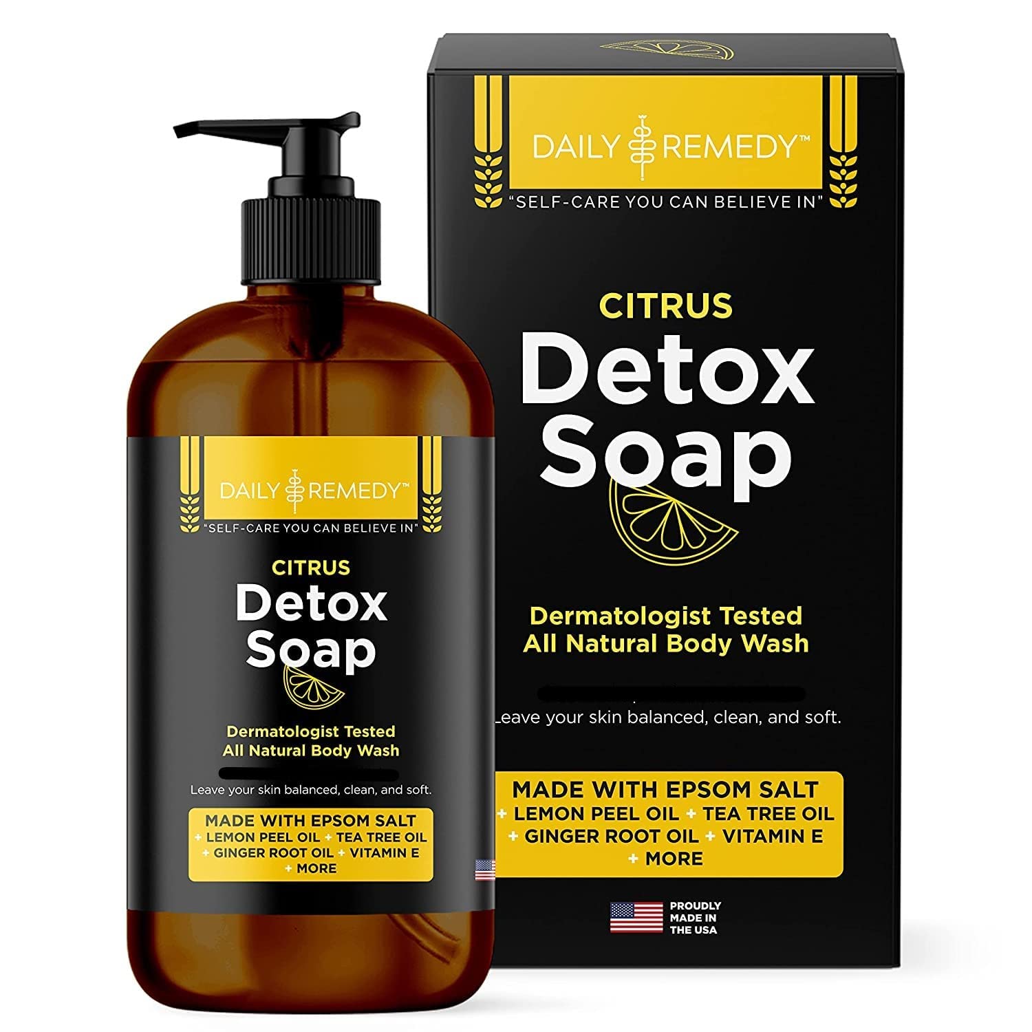Daily Remedy Citrus Detox Body Soap With Epsom Salt, Cleanse, Deodorize, Helps Removes Impurities, All Natural Shower Gel for Women/Men 12 oz