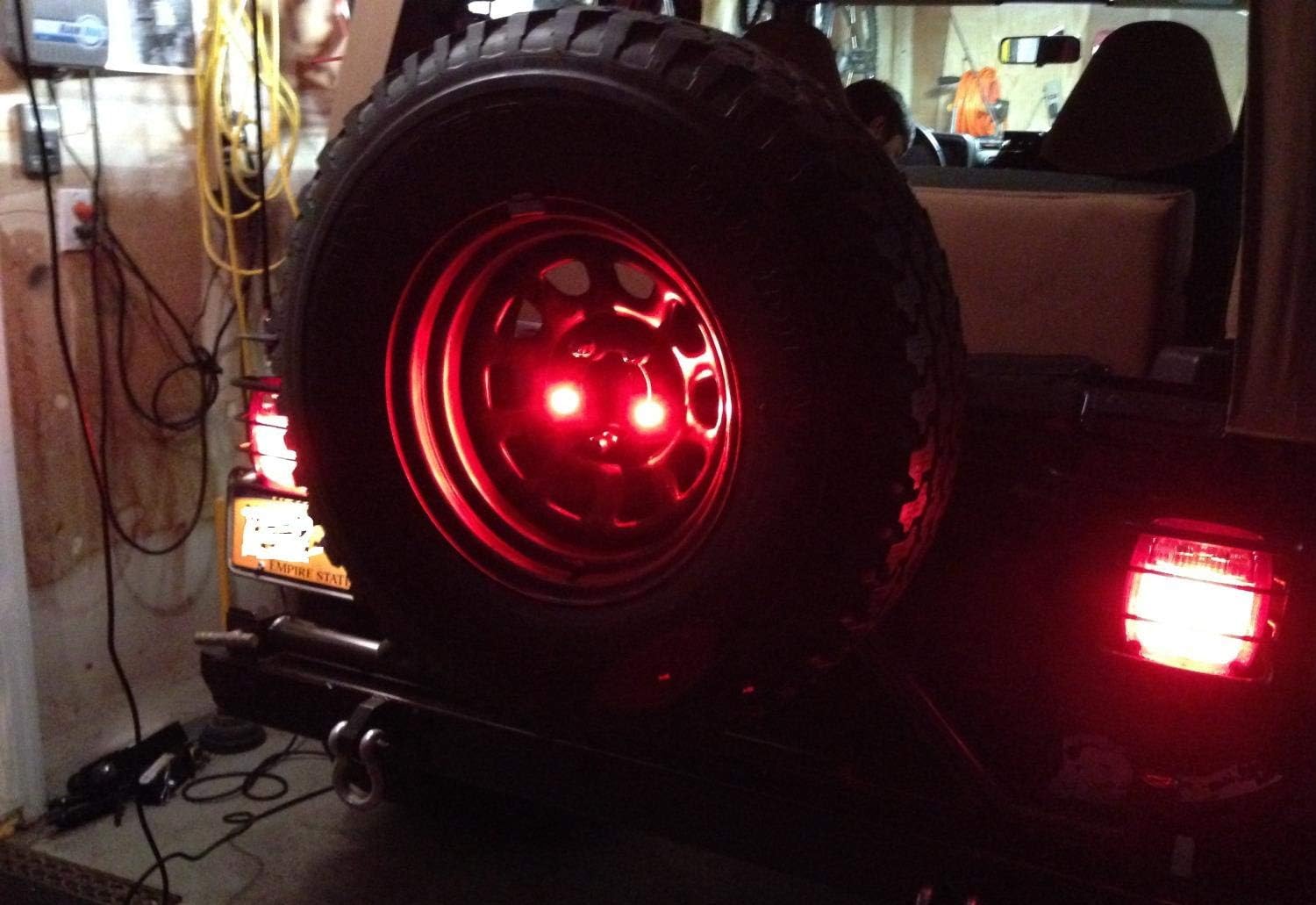 iJDMTOY Dark Red Lens Rear Mount Spare Tire Lug Nut Insert Red 3rd LED Brake Light Kit Compatible With Jeep Wrangler TJ JK JL, Ford Bronco, Toyota FJ Cruiser