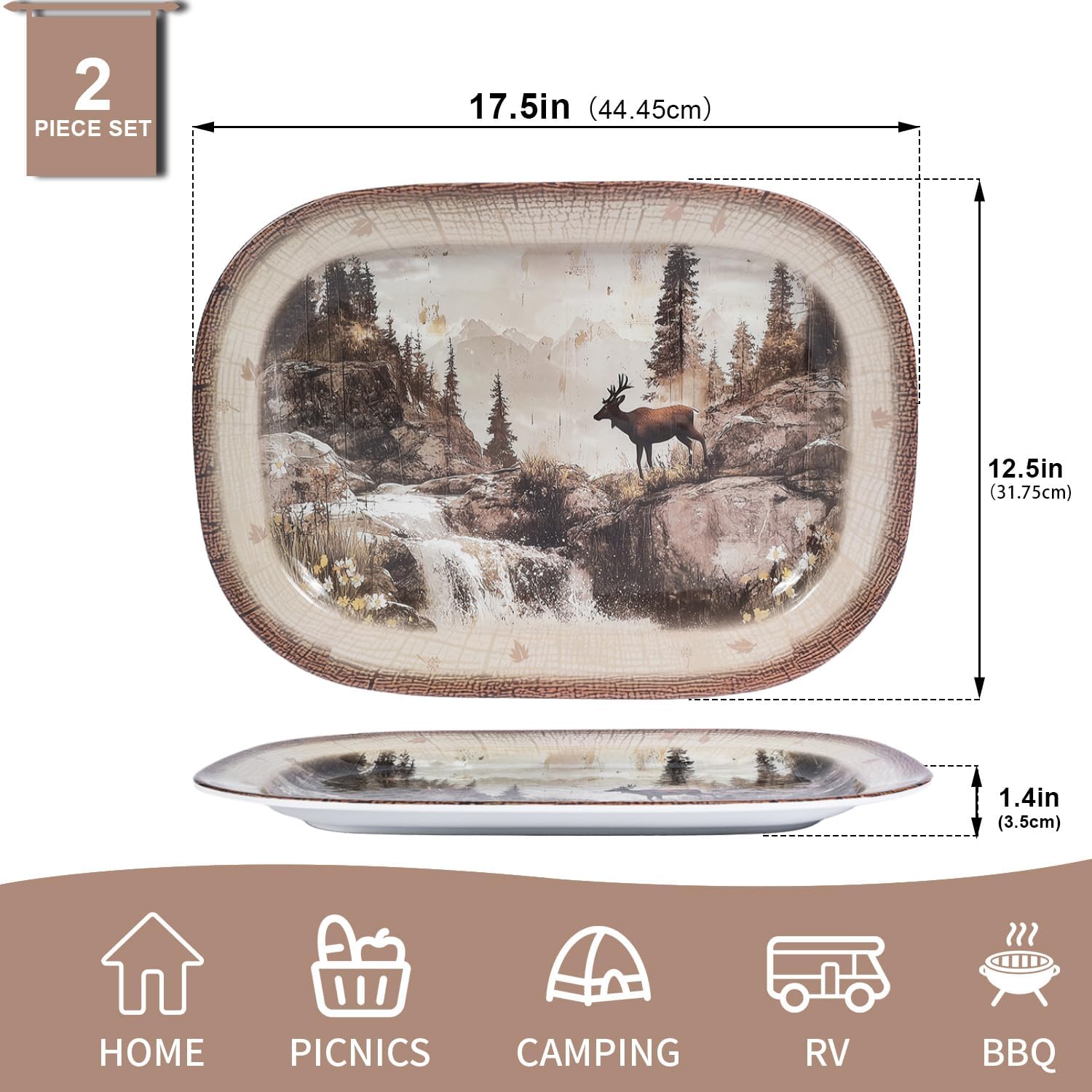 2 Pack Extra Large 17.5 Inch Deer Serving Trays – Reusable Melamine Platters for Parties, Snacks, Fruit & Cookies, Durable Food Serving Dishes for Pantry Organization & Kitchen Use Deer