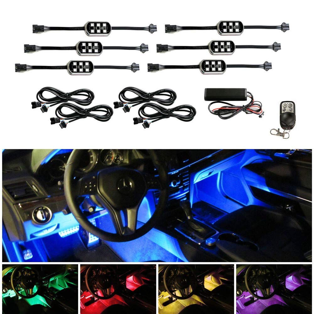 Riloer Taśma oświetleniowa LED do samochodu, 6 w 1, uniwersalna, do wnętrza samochodu, kolorowa atmosfera RGB, dekoracyjne neonowe paski świetlne do samochodu, motocykla, wnętrza samochodu z pilotem zdalnego sterowania