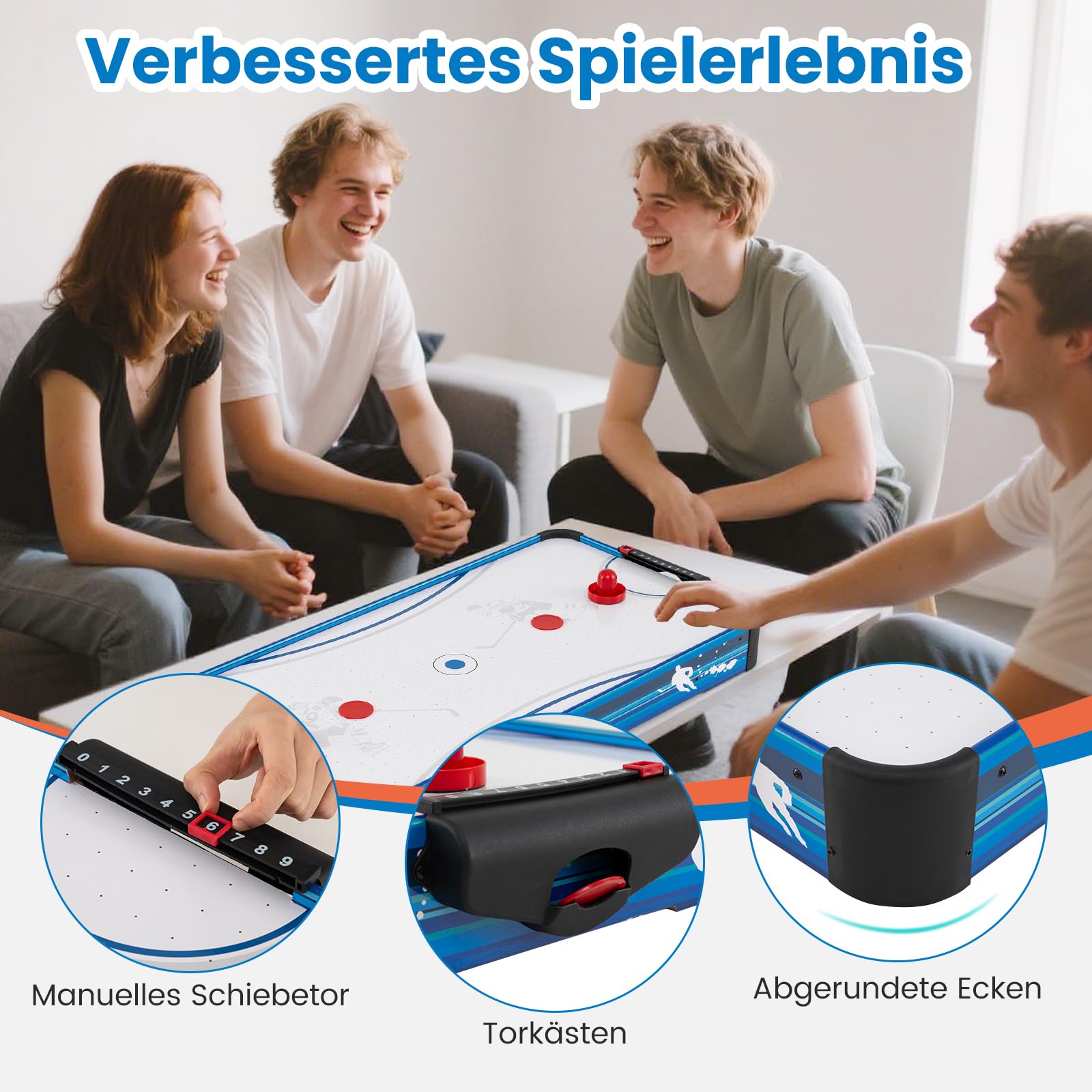 COSTWAY Airhockey Tisch, 100 x 50 cm Air Hockey Spieltisch mit 12V Motor, 2 Pucks & 2 Schieber, Lufthockey elektrisch, Tischhockey für Kinder Erwachsene, Eishockey für Zuhause, Spielzimmer, Büro