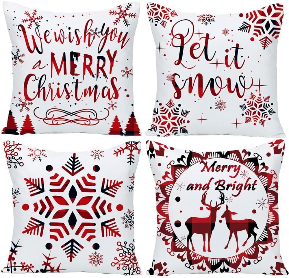 24x24 Pillow Covers Christmas Winter Snowflake Baby It's Cold Outside Bright Red Deer Let It Snow Xmas Soft Velvet Decorative Throw Pillow Covers Cushion Case for Home Sofa Square 24 Inches