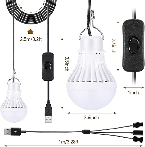 Miniatura 2 de Tuanse 3 bombillas LED USB, luces de campamento portátiles de 5 W con cable divisor USB de 1 a 3, cable de 8.2 pies de longitud extra para tienda de