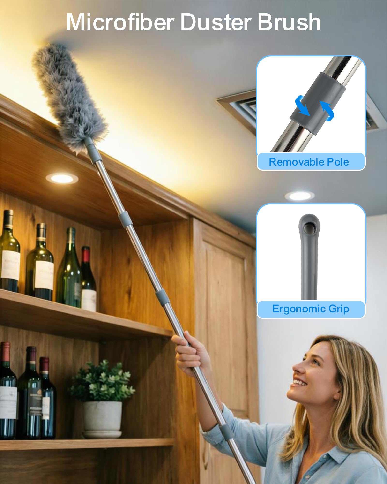 Plumero Telescópico 6m, Varilla Extensible 1,2–4,3m, Atrapapolvo Microfibra, Limpiador de Vidrios 2en1, Removedor de Telarañas – para Techos y Ventanas