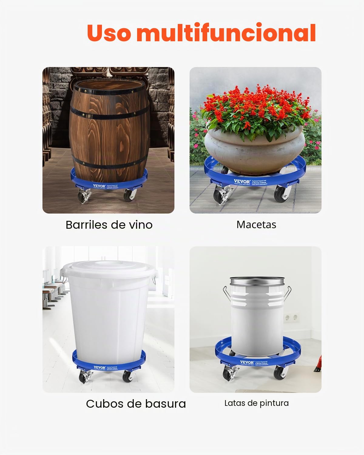 VEVOR Plataforma Rodante para Bidones 615 x 615 x 188 mm con Tirantes Transversales y 4 Ruedas Giratorias, Capacidad de 907 kg, Plataforma Rodante Antivuelco para Manipulación de Almacén, Azul