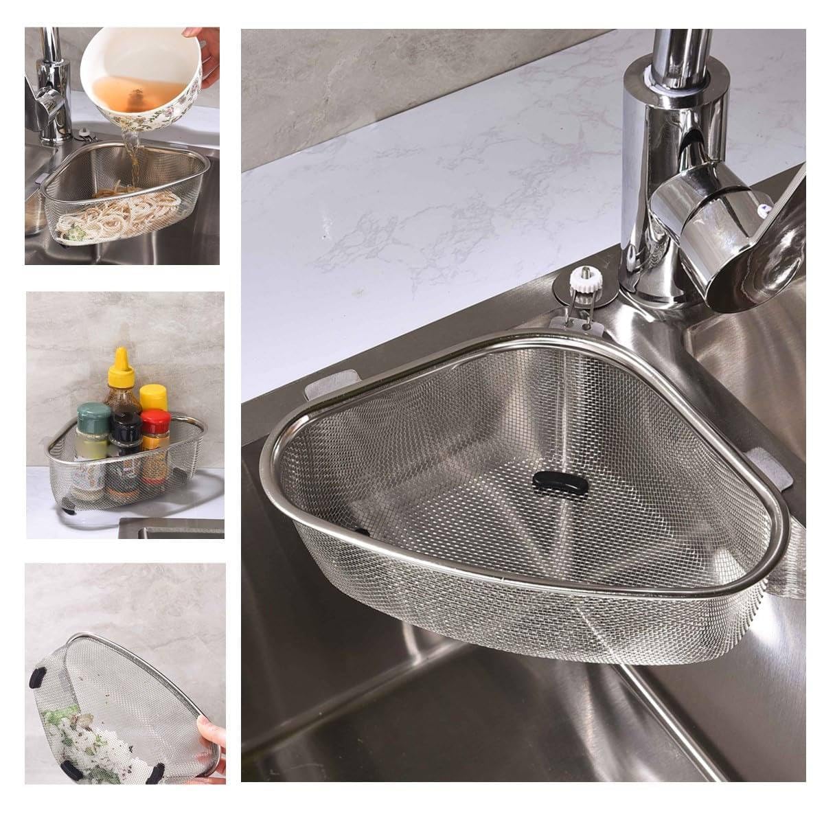 Dhyanexa Kitchen Triangle Sink Strainer, Corner, Multifunction Sink Drain Basket, Stainless Steel Food Catcher Strainer for Kitchen Waste, Vegetable, Fruits 3