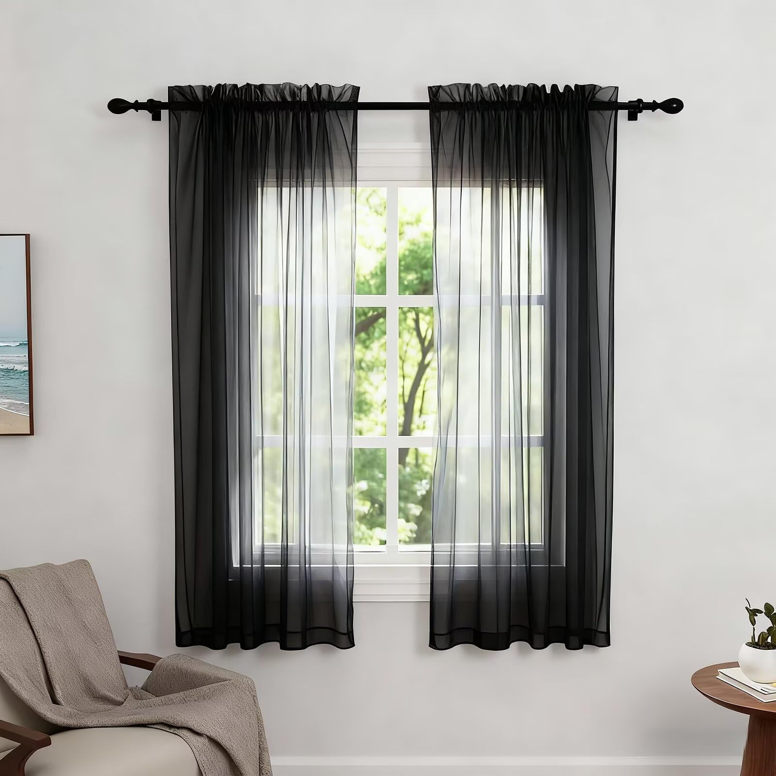Zdada Net Curtains for Windows 54 Drop, Black Slot Top Voile Curtains, Semi Transparent Sheer Curtain Net Curtain Panel for Living Room Kitcken W60xL54 Inch,4 Panels — image 1