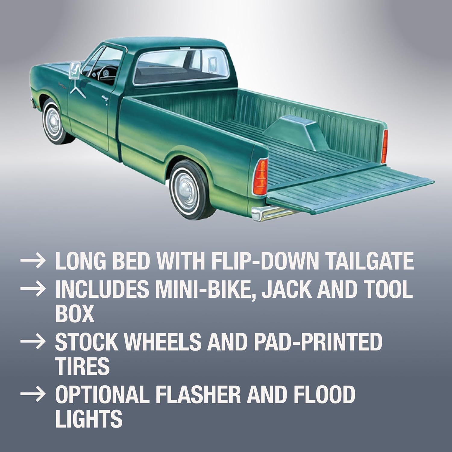 Additional features of the MPC 1978 Dodge D100 Custom Pickup model kit, showing a green truck with a long bed, flip-down tailgate, and text listing included accessories like a mini-bike, jack, and toolbox, along with stock wheels and optional lights.