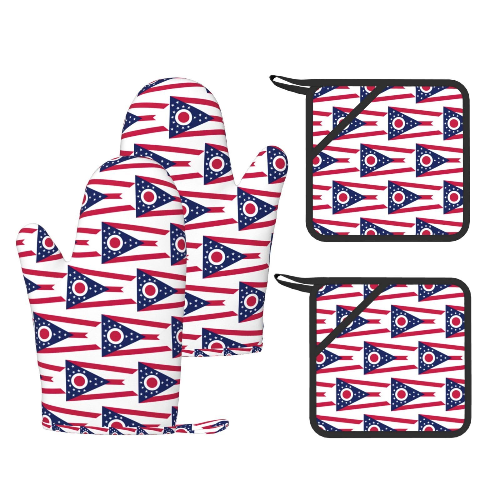 Ohio State Flag Printed Kitchen Oven Gloves and Potholder 4 Pcs, Non-Slip Heat Resistant Mitts for Baking Chef