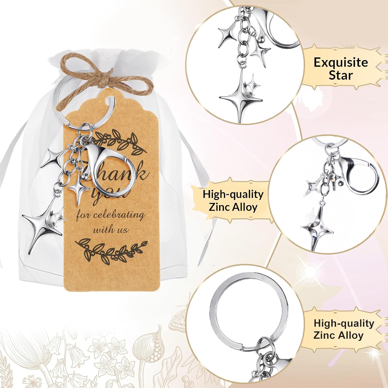 Ecation 60 Pack Star Keychain Party Favor Set 20 Steel Star Thank You Keyring Gift 20 Kraft Tag 20 Organza Bag Funny Charm Accessories for Guest Souvenir Baptism Baby Shower Wedding Bridal