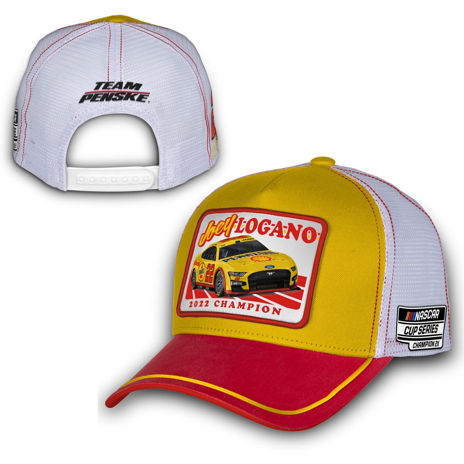 Joey Logano Team Penske Yellow Red 2022 NASCAR Cup Series Champion Car Patch Snapback Adjustable Hat