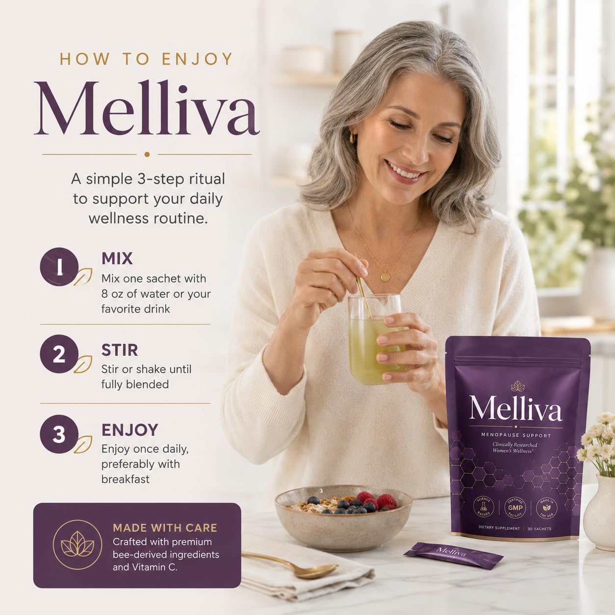 Menopause Support with Propolis, Melliva for Hair Growth, 30servings, 1Pack