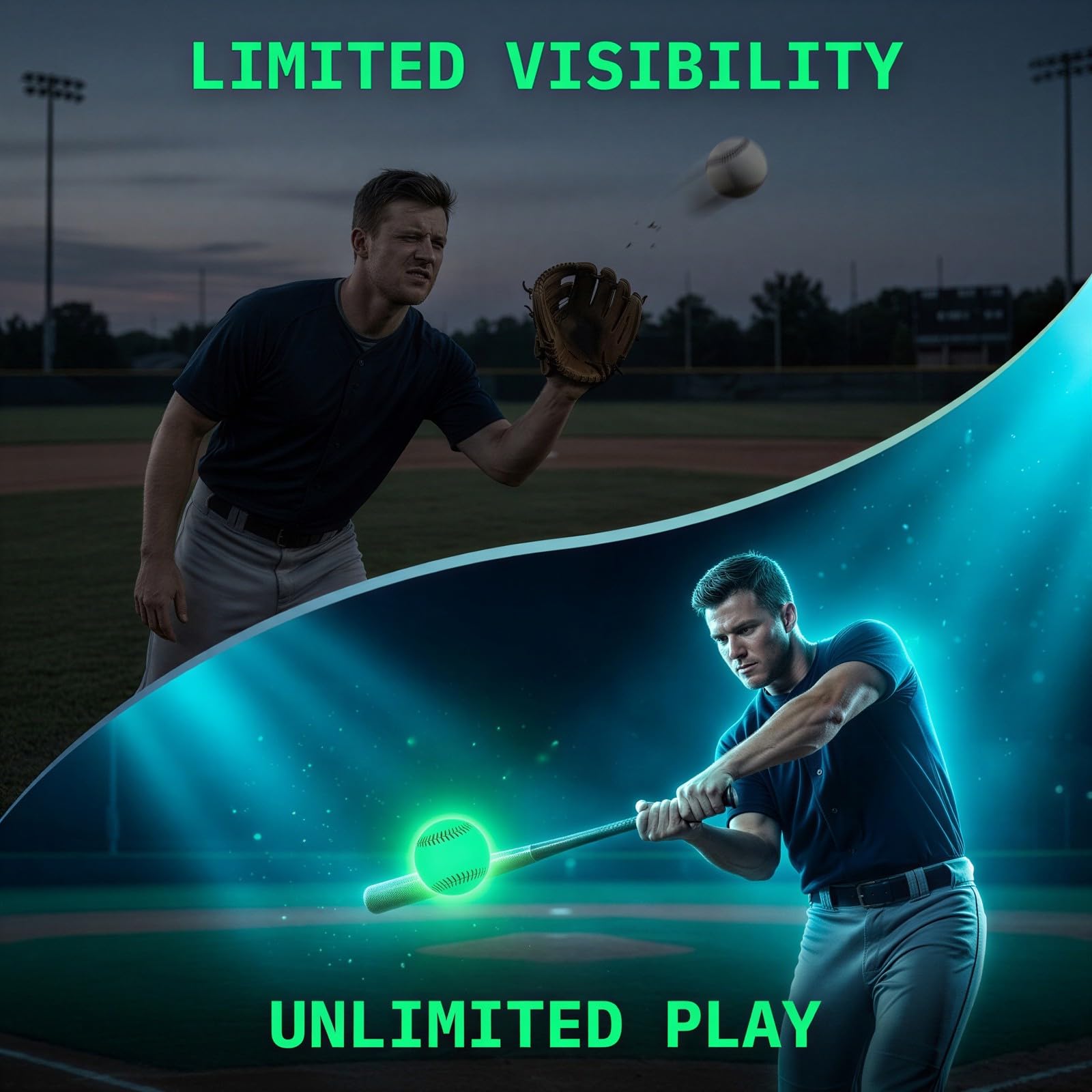 2 Stk. Glow in the Dark Baseball, 9 Zoll 22,8 cm Umfang, leuchtende PVC Skin mit Korkkern, handgenähte Trainingbälle für Nachtübungen und Spiele bei Dunkelheit, Geschenk für abendliche Spiele
