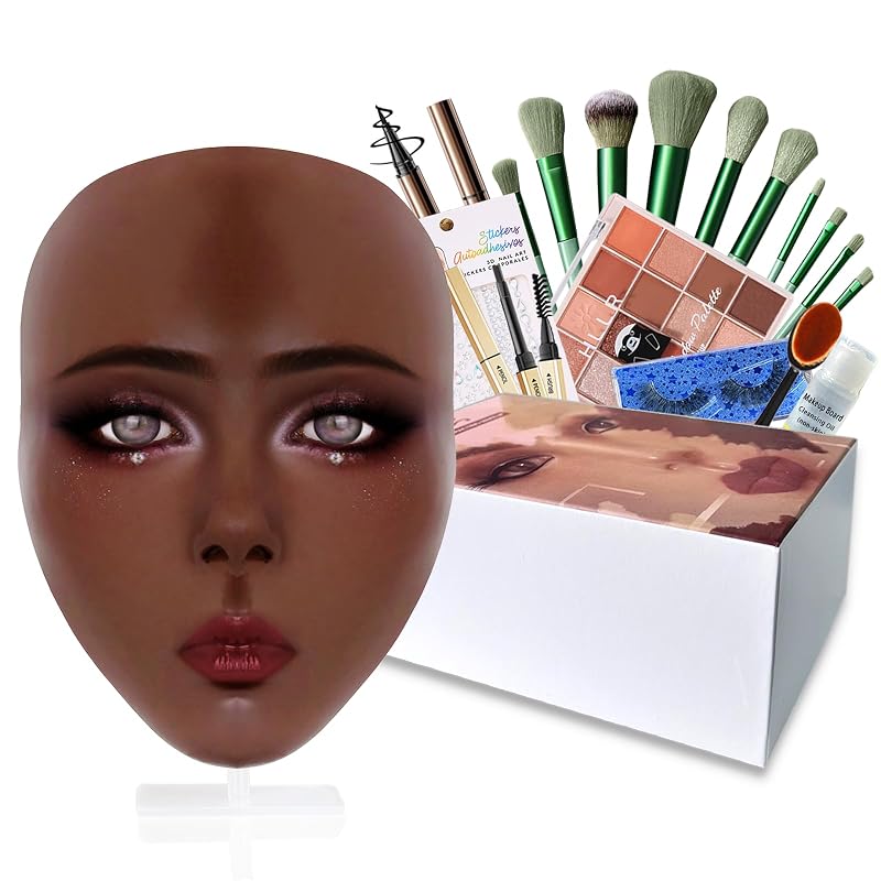 Kit Penugo de rosto de silicone para prática de maquiagem com pincéis, sombras e adesivo de strass — Preto