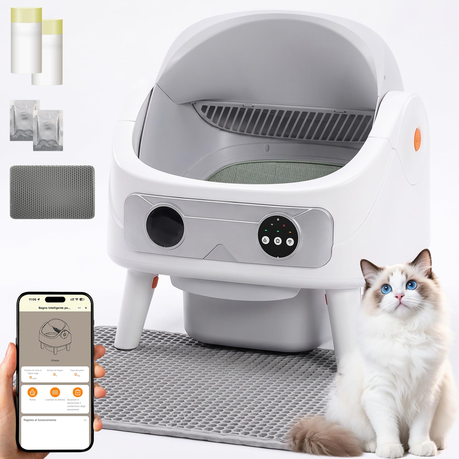 AMIPOW Lettiera Gatto Autopulente Aperta 80L & 11L, Controllo Tramite App | Lettiera Autopulente per Gatti con Cestino da 11L, Tappetino per lettiera, Sacchetti specifici per rifiuti 2 Rotoli
