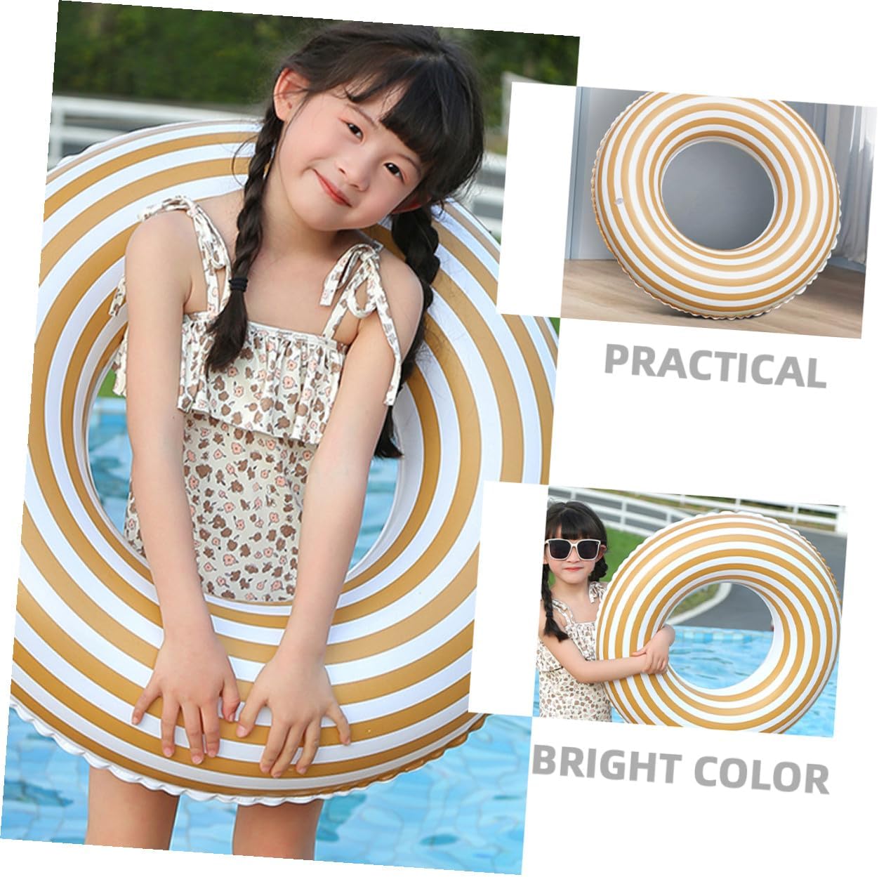 CHILDWEET Inflatable Swim Ring Safety Float for Ages 2-4, Thickened Orange PVC Striped Swimming Pool Buoy for 20-50 Lbs, Water Swim Accessory for Pool and Beach