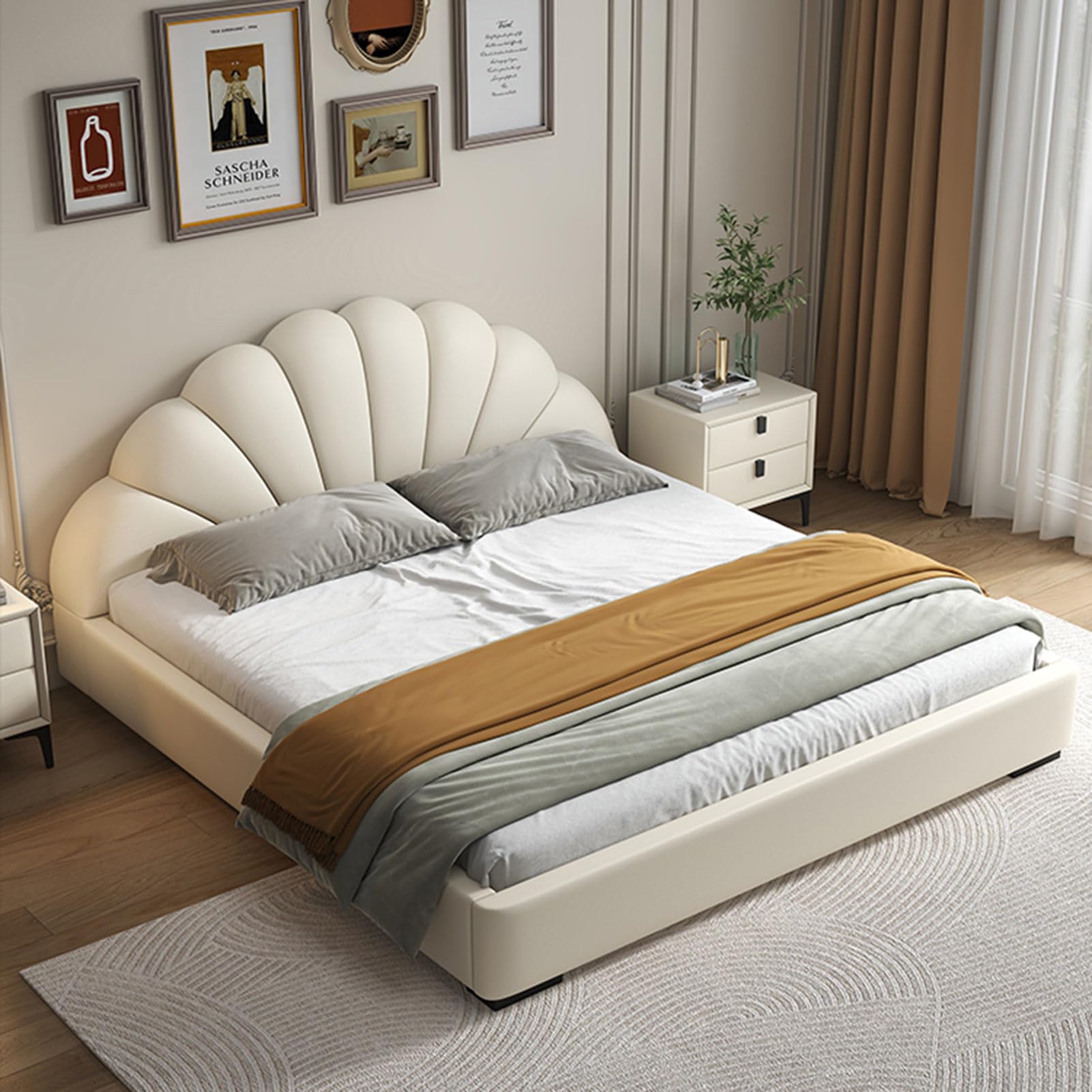 OUDINI Nordic Light Luxury Leather Bed Modern King Size Upholstered Platform Bed Frame Strong Wood Slats Support Noise