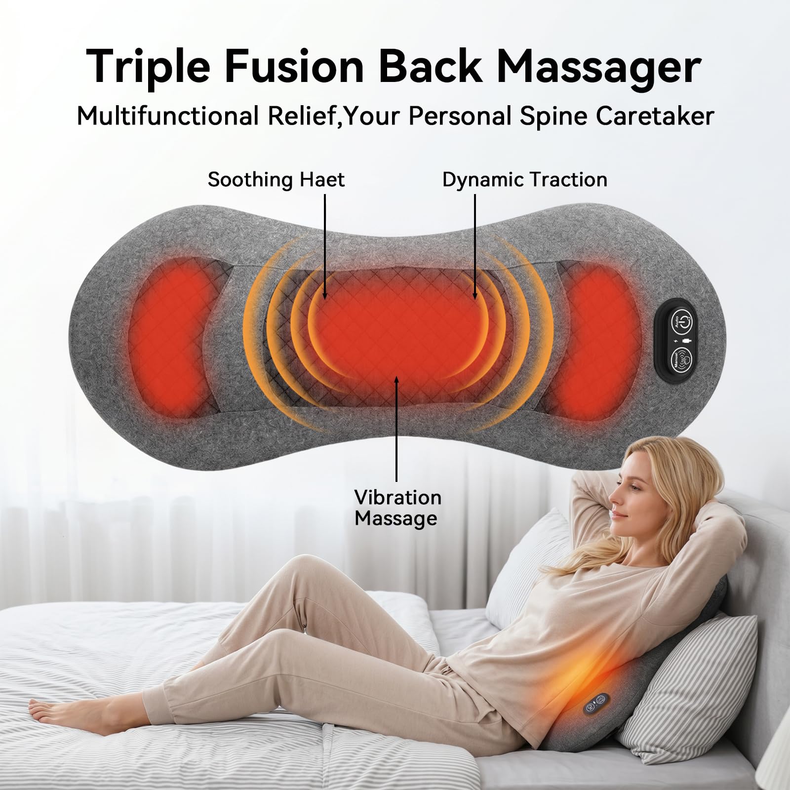 Masseur de dos électrique 3 en 1 avec chaleur, vibrations et étirements pour soulager les douleurs dans le bas du dos, coussin de soutien lombaire pour la maison, le bureau, le siège de voiture et le