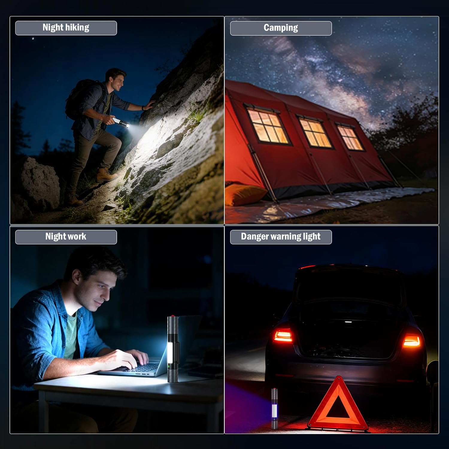Rechargeable Car Flashlight,Car Flashlight Emergency Kit Includes Window Breaker, Screwdriver, 4 Main Lighting Modes, 3 Side Lighting Modes, High and Low Beam, Flashlight for Car, Hiking, Camping