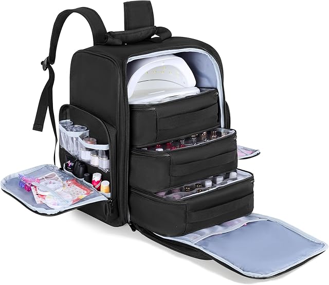 BAFASO Nail Polish Organiser Backpack Holds 105 Bottles (15ml - 0.5fl.oz) and a Nail Lamp, Nail Polish Backpack with 3 Removable Pouches and Multiple Tools Storage Pockets (Patented), Black, Bag Only