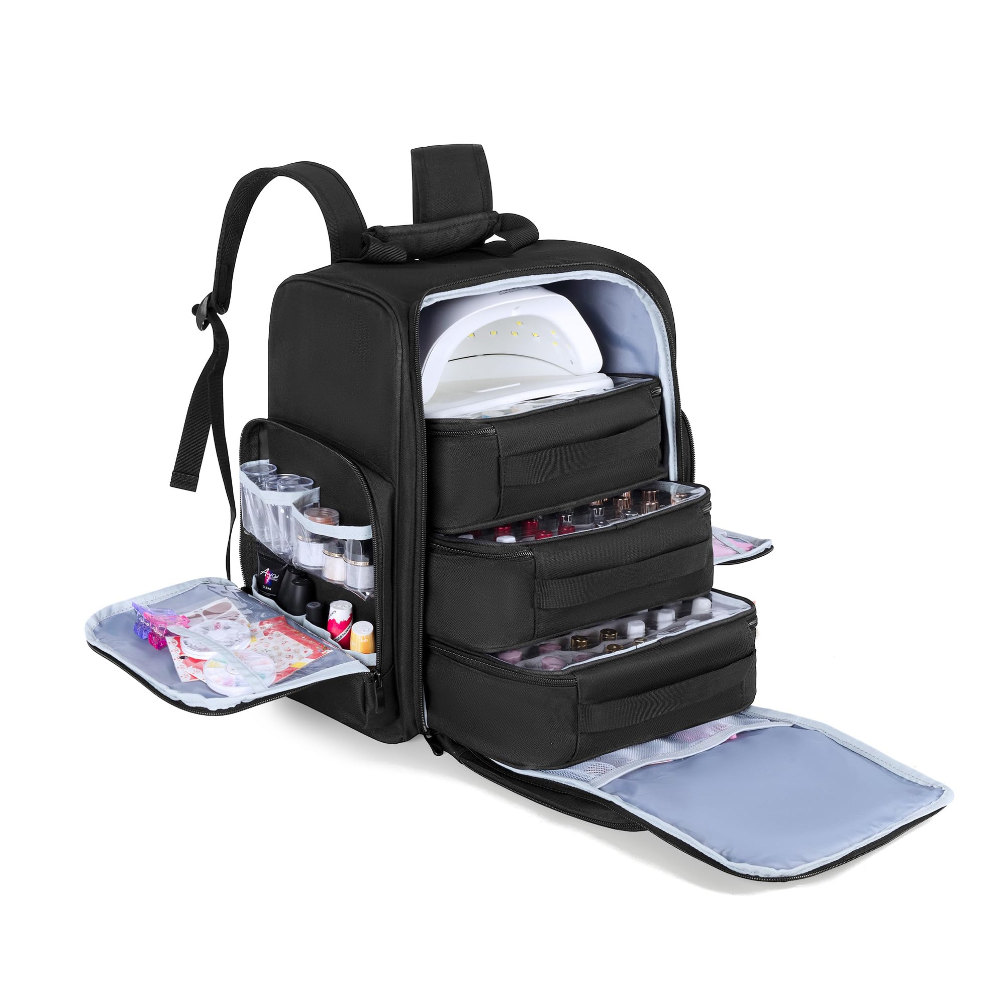 BAFASO Mochila Organizadora de Esmaltes de Uñas Sostiene 105 Botellas,Negro | Bolsa para Esmalte de Uñas con 3 Bolsas Extraíbles, Sostiene Lámpara de Uñas, (Solo Bolsa)