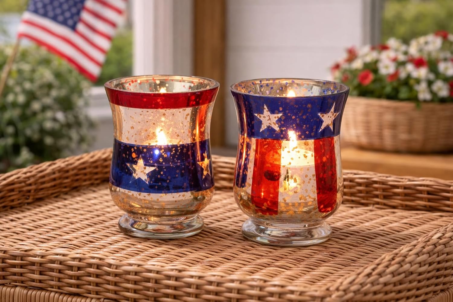 C&F Home Stars & Stripes Set of 2 Glass Votive Candle Holders 4.7" Versatile Summer Patriotic Independence Day 4th of July Patriotic Home Living Room End Table Fireplace Mantle Kitchen Dining Dinner