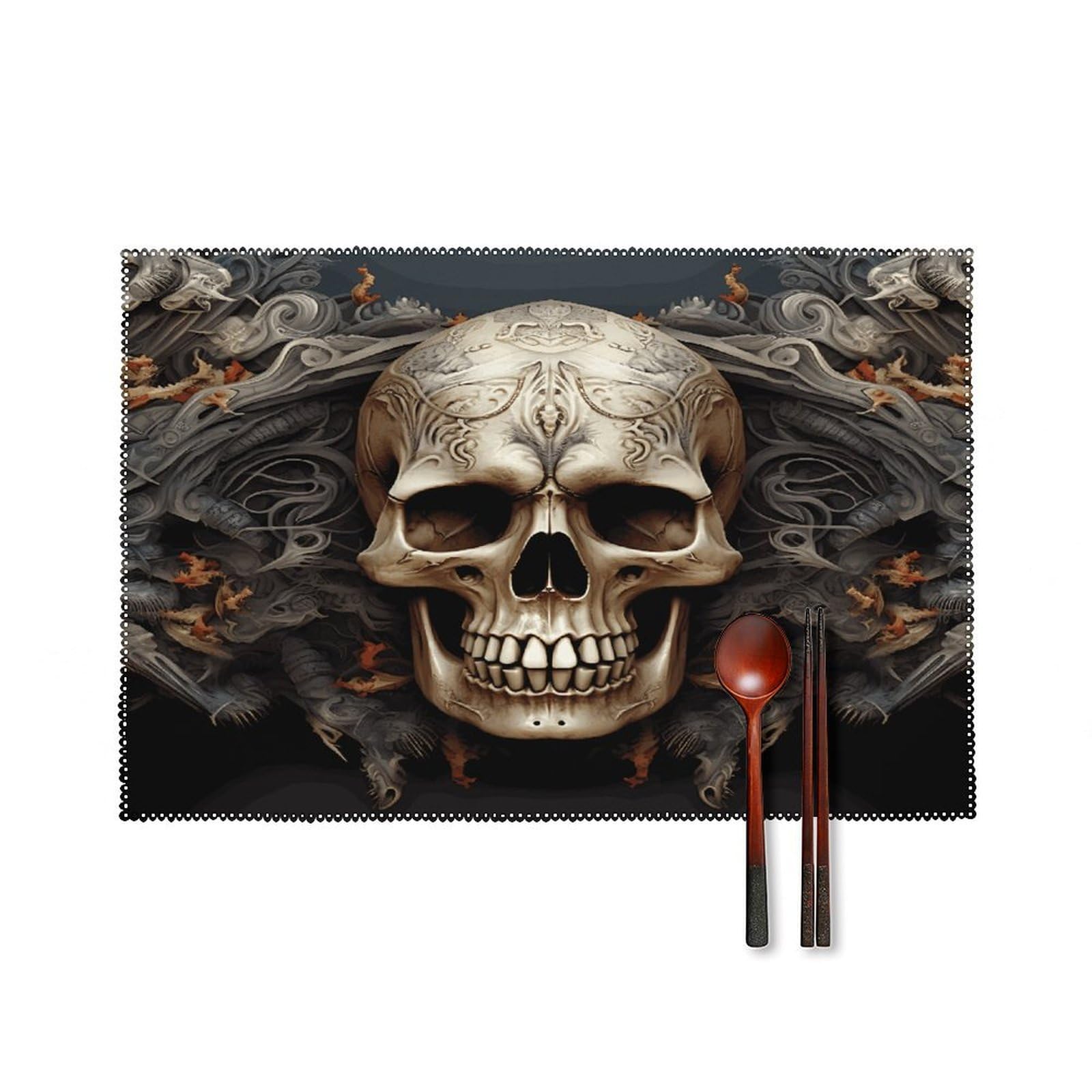 Skulls Placemats Set of 6 Heat Resistant Non-Slip Table Mats Washable Indoor Outdoor Place Mats Rustic Vintage Seasonal Placemat for Kitchen Dining Outdoor Party Table Decor