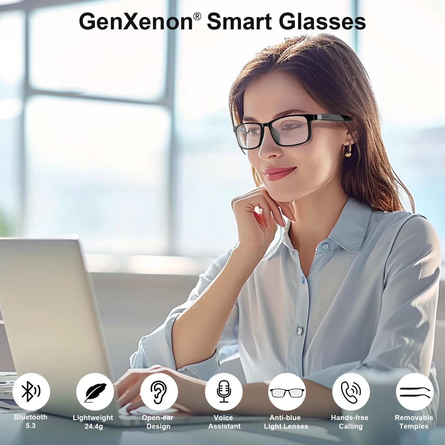 GenXenon Smart Glasses for Men Women, Blue Light Blocking Bluetooth Glasses with Removable Temples, Remote Shooting, Open-Ear Design, 24.4g Music Eyewear for Driving/Working/Gaming