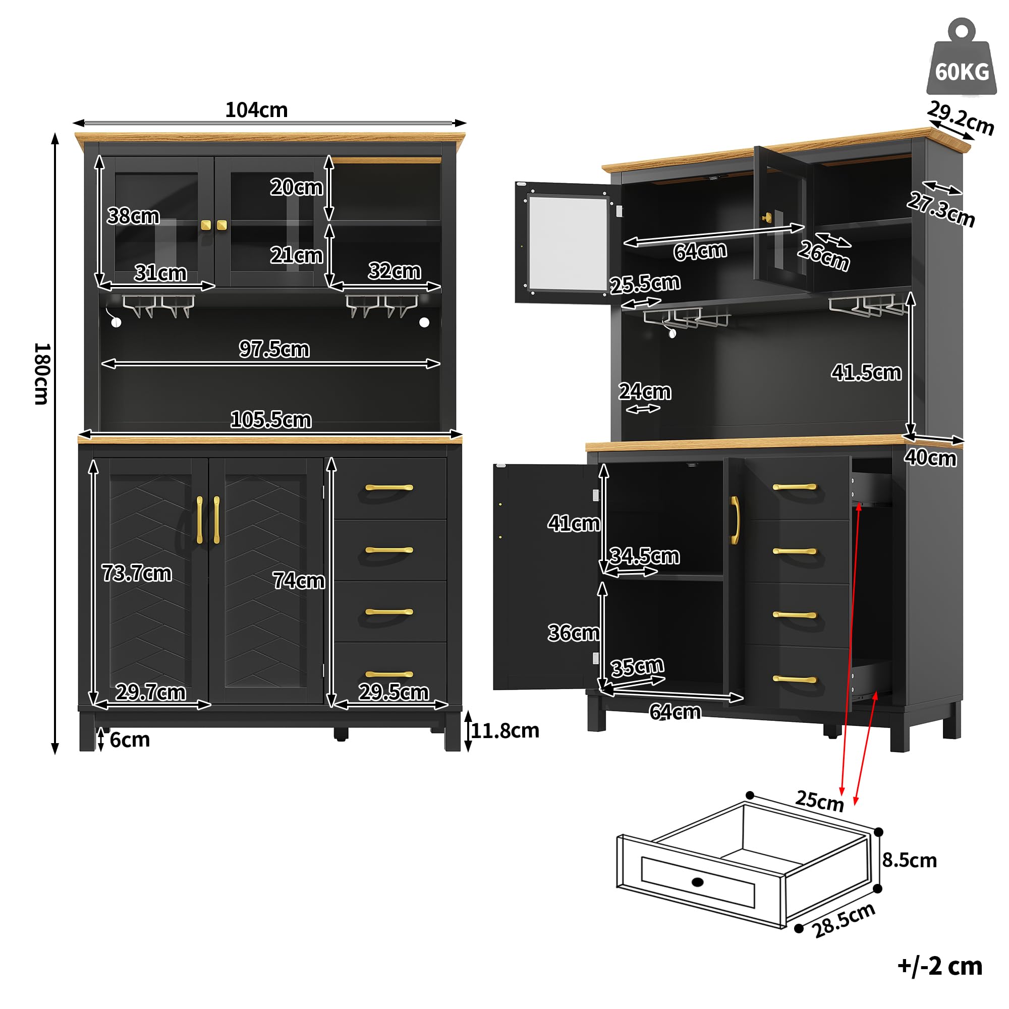 Mobile da cucina a buffet, 105,5 x 40 x 180 cm, stile rustico, 4 ante, con striscia luminosa a LED e porta bevande, verde/nero/bianco